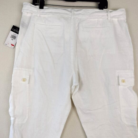 Lauren Ralph Lauren Linen Pants Women Size 14P White Cargo Belted Boho Beach NWT - Picture 13 of 16
